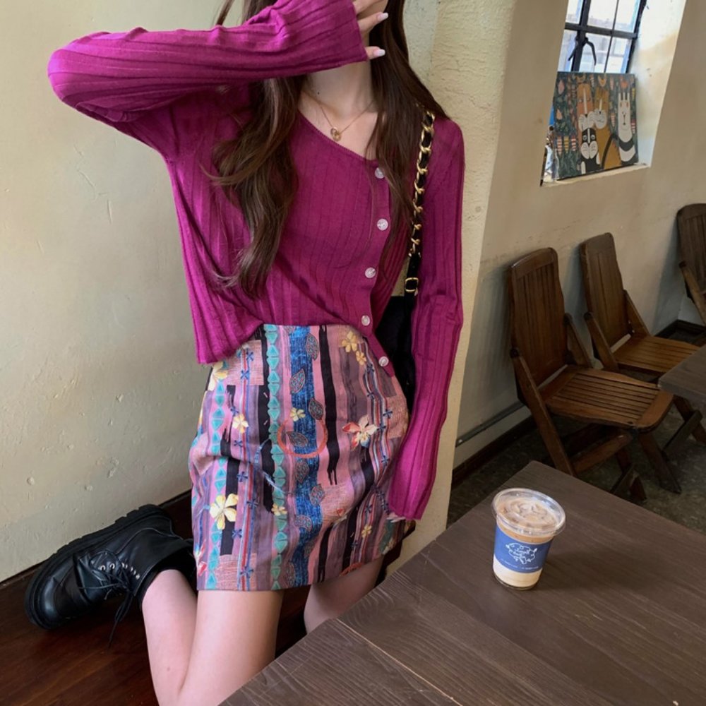 high-waisted multi-color printed a-line mini skirt